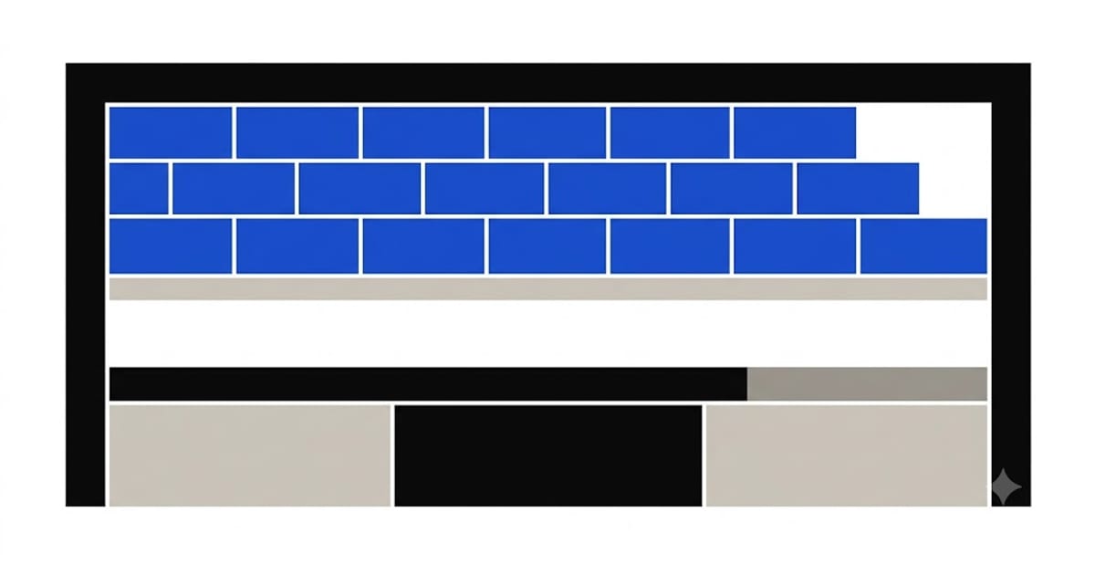 A backsplash first course set on a temporary batten above the counter