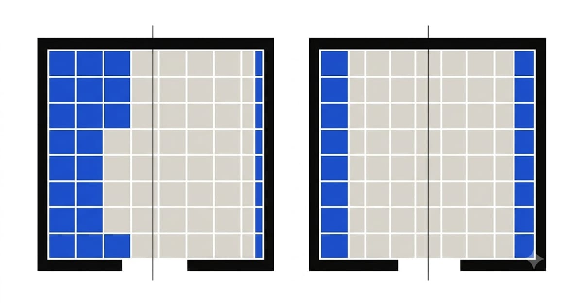 A balanced layout against one leaving a sliver at the wall